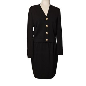 St. John Basics Dress Set Women S Black Santana Knit Gold Crest Button Cardigan